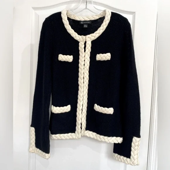 INC International concepts black sweater jacket with white braided trim. large. - Picture 1 of 12